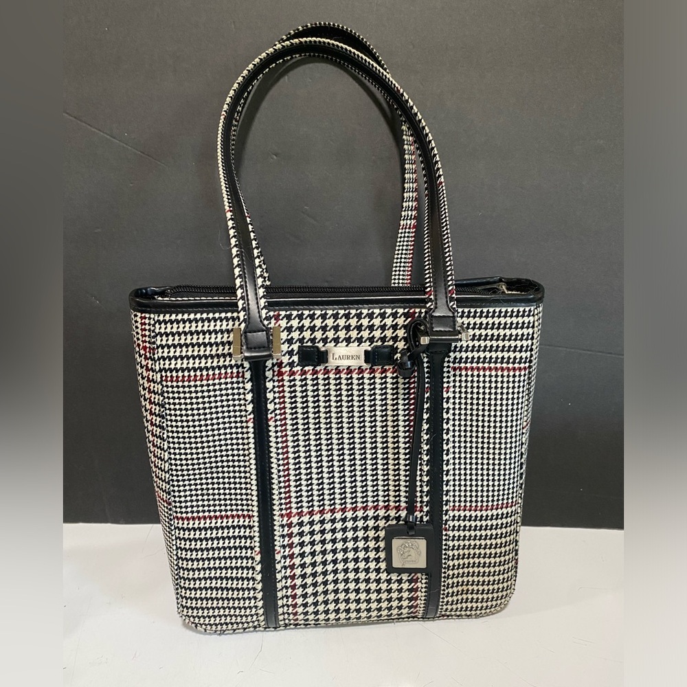 Ralph Lauren Black Grey and Red Stripe Houndstooth Tote Shoulder Bag